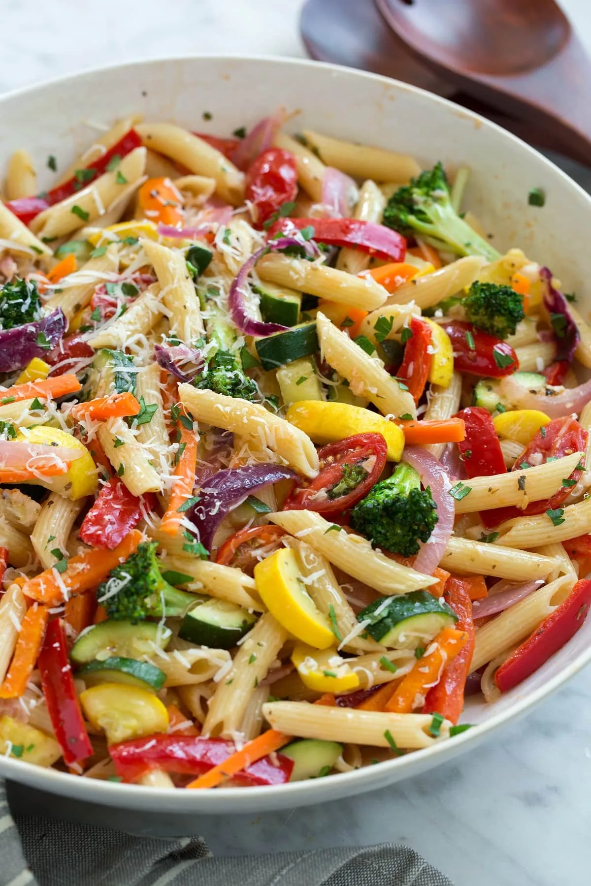 Vegetable pasta primavera, a vegetarian office catering option from Sherm's